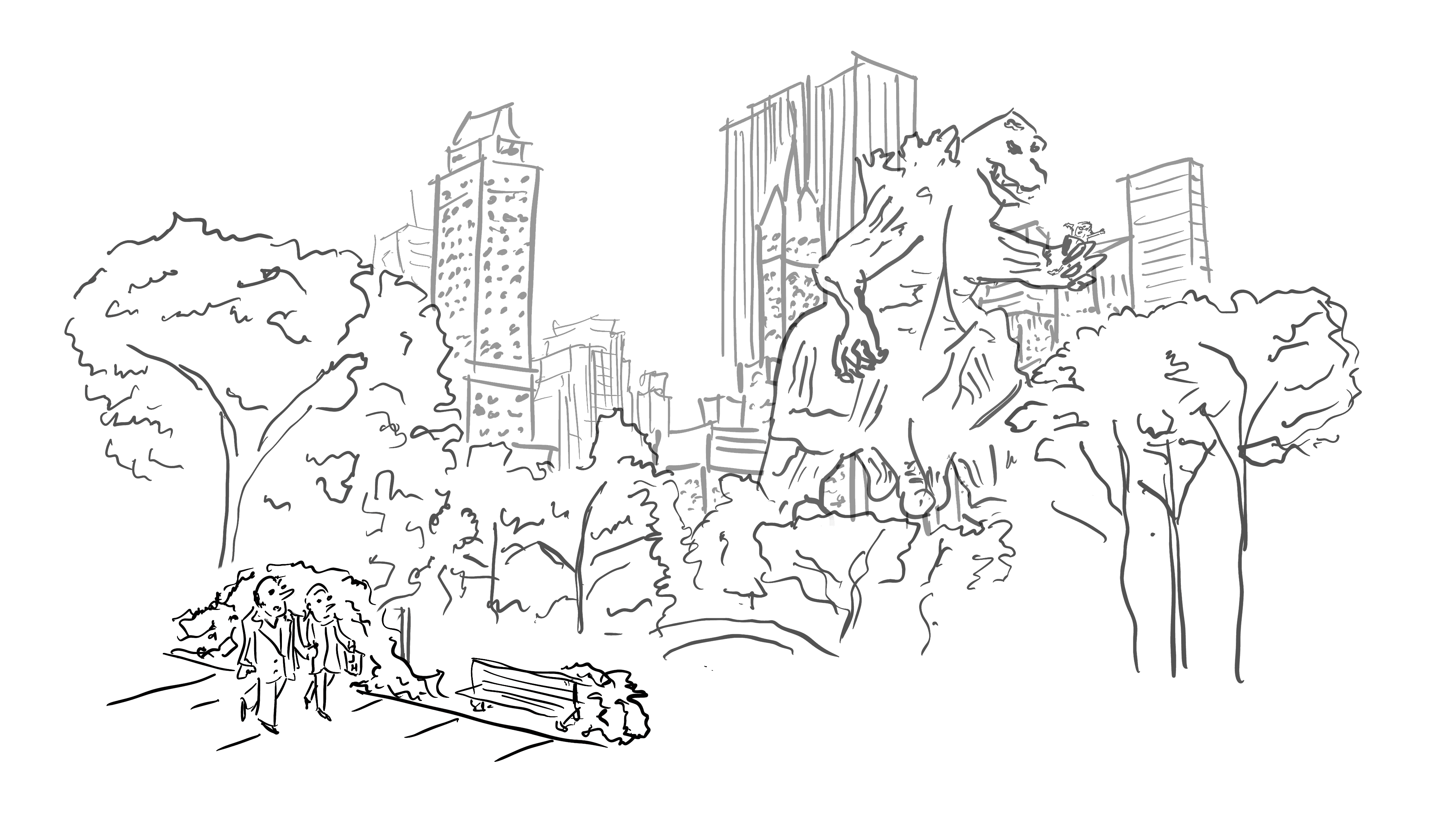 Illustration of a monster on a rampage near Central Park.