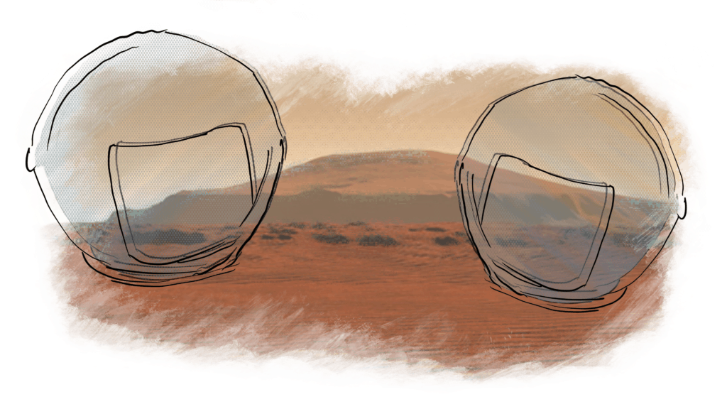 Illustration of two space helmets, and Mons Olympus.