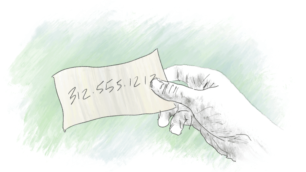 Illustration of a hand holding a slip of paper with a phone number written on it.