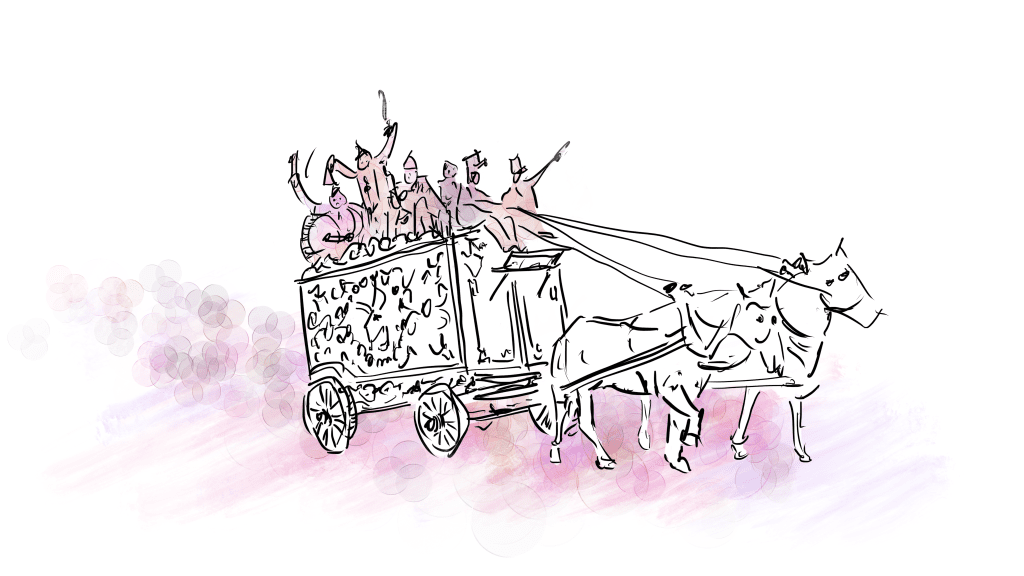 Illustration of a bandwagon, with rainbow colors in its tracks…