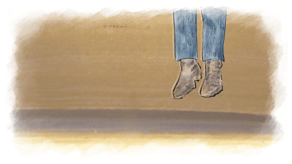 Illustration of cowboy legs dangling.