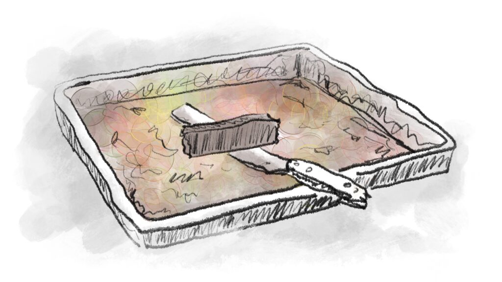 Illustration of a sheet pan with a sliver of chocolate cake left balanced on the blade of a knife.