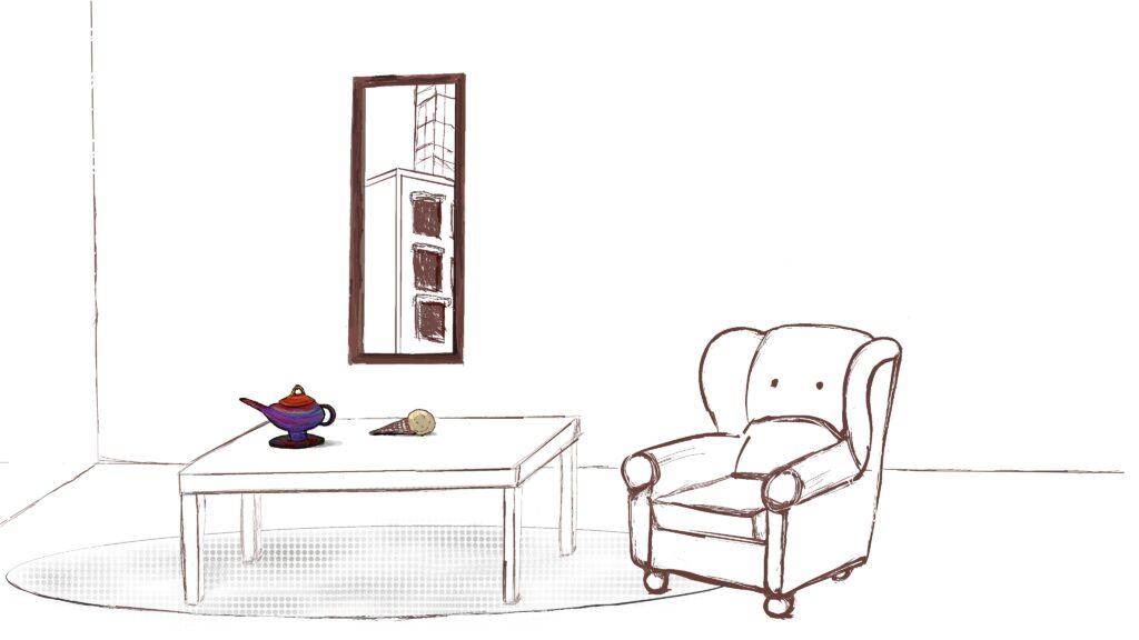Illustration of a living room with a window, a padded chair, and a genie's lamp.