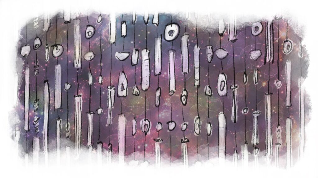 Illustration of wind chimes in outer space.