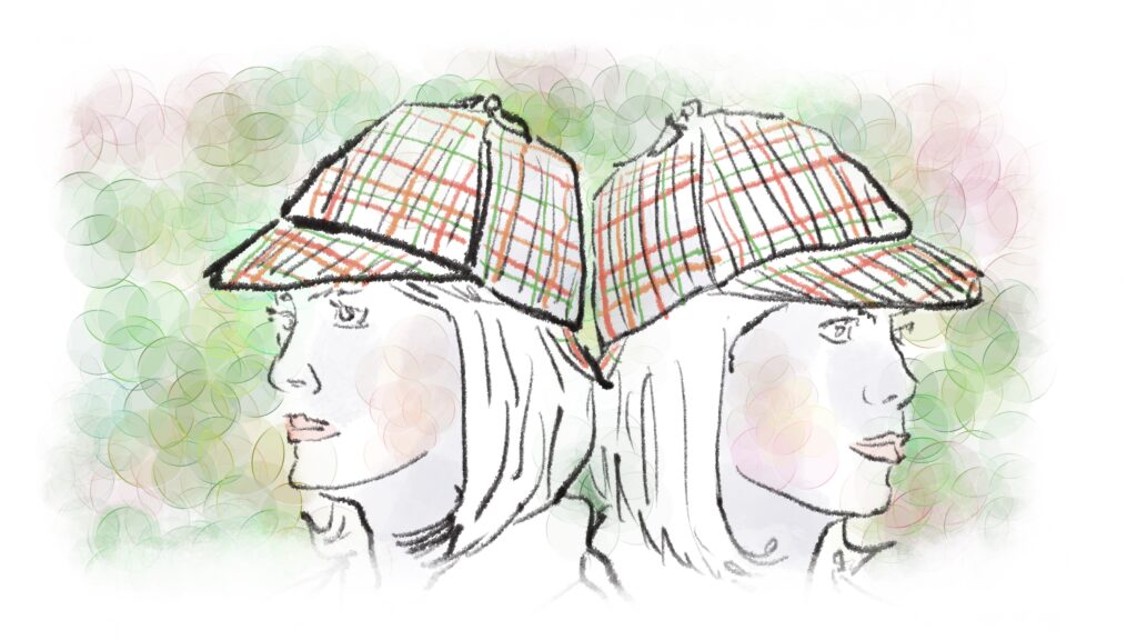 Illustration of a woman wearing a deerstalker cap.