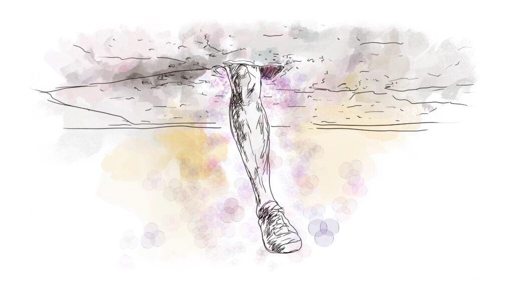 Illustration of a leg sticking through a ceiling