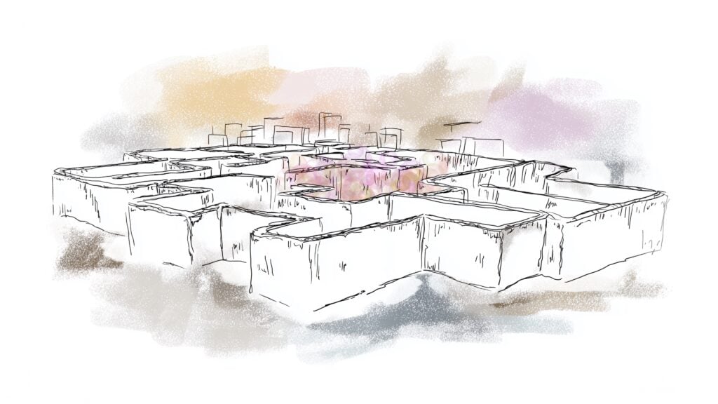 Illustration of a maze of rooms