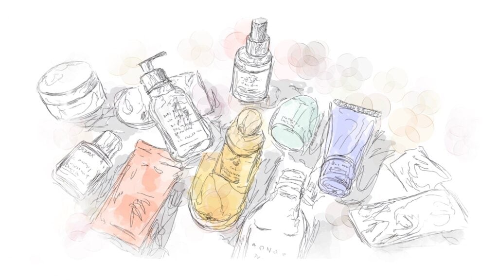 Illustration of a spread of beauty products