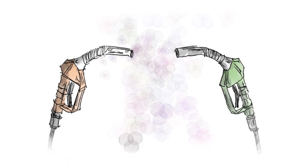 Illustration of two gas pump nozzles facing each other