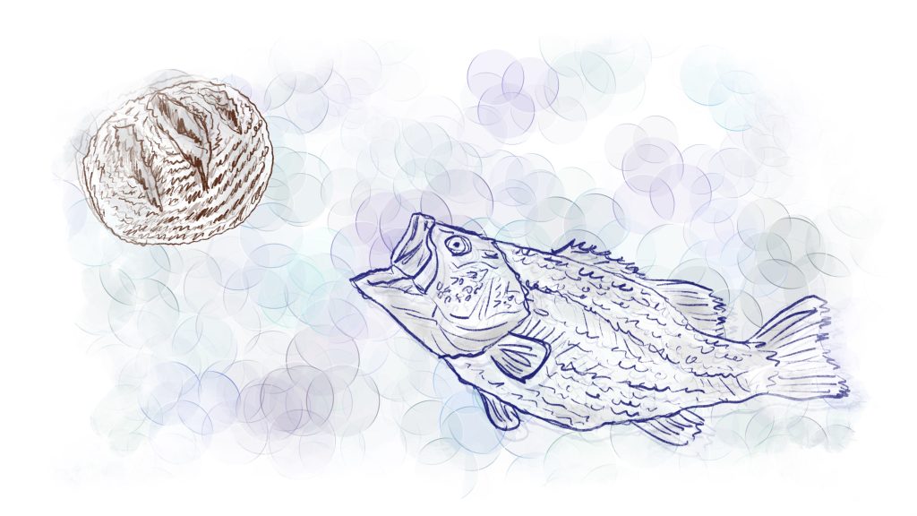 Illustration of a big mouthed bass chasing a loaf of sourdough.