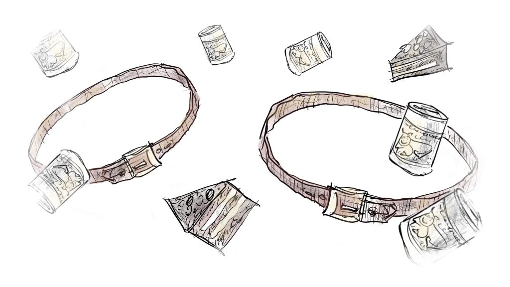Illustration of cake, beer, and loose belts.