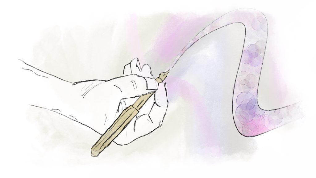 Illustration of a hand writing upside-down with a fountain pen