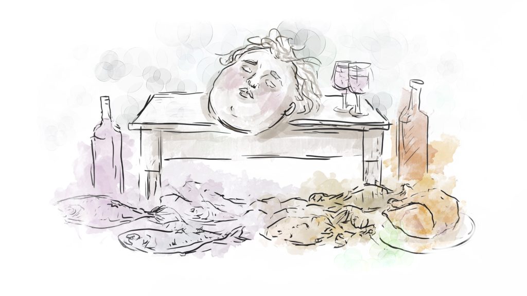 Illustration of a disembodied head floating over a table, with chicken and wine wine and fish strewn about